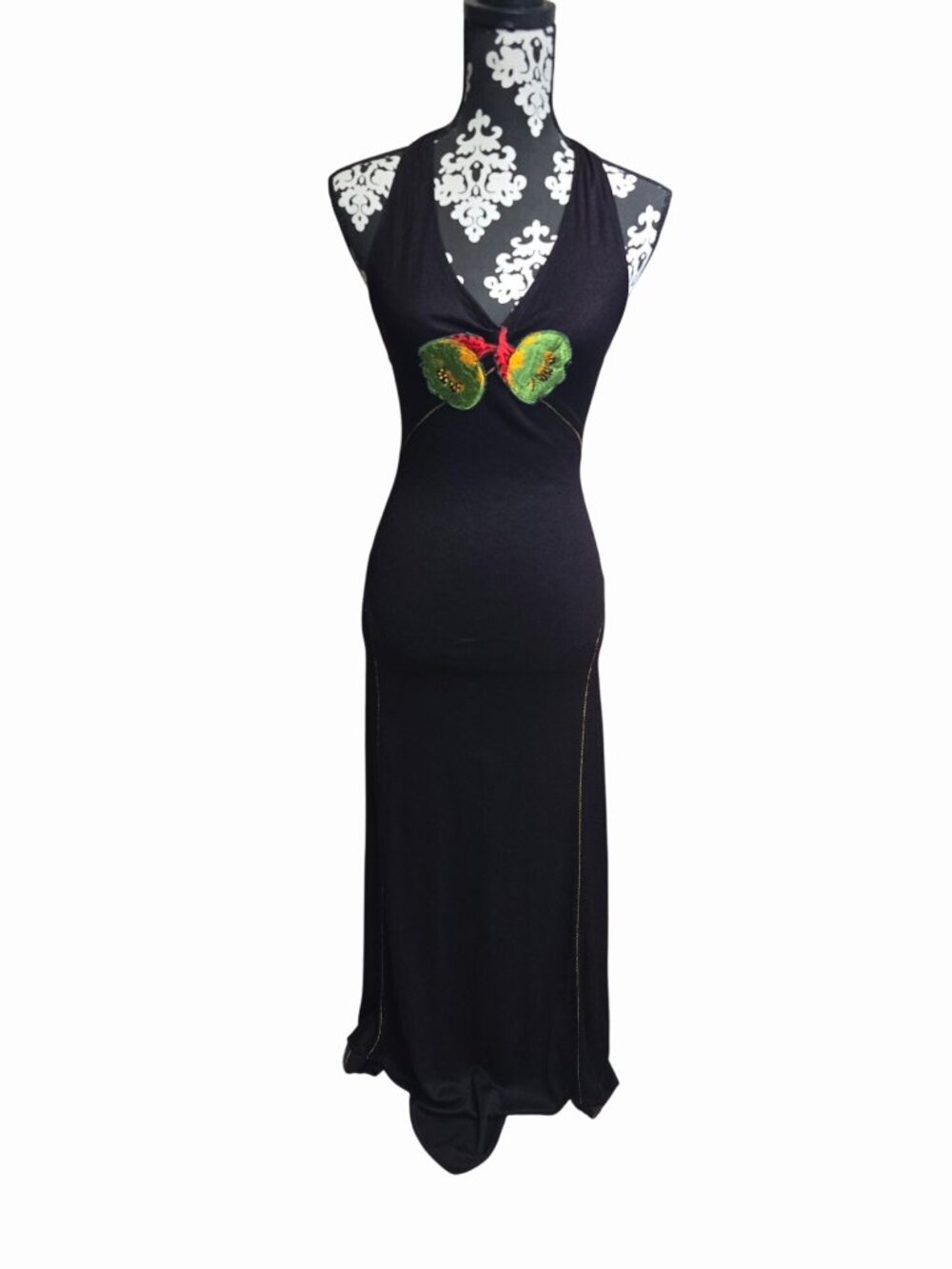 Small Vintage Black Halter Flapper Dress Embroidered Flower Ruffle Tie FLAWED